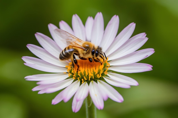 Honey bee collects pollen from single flower in natural setting