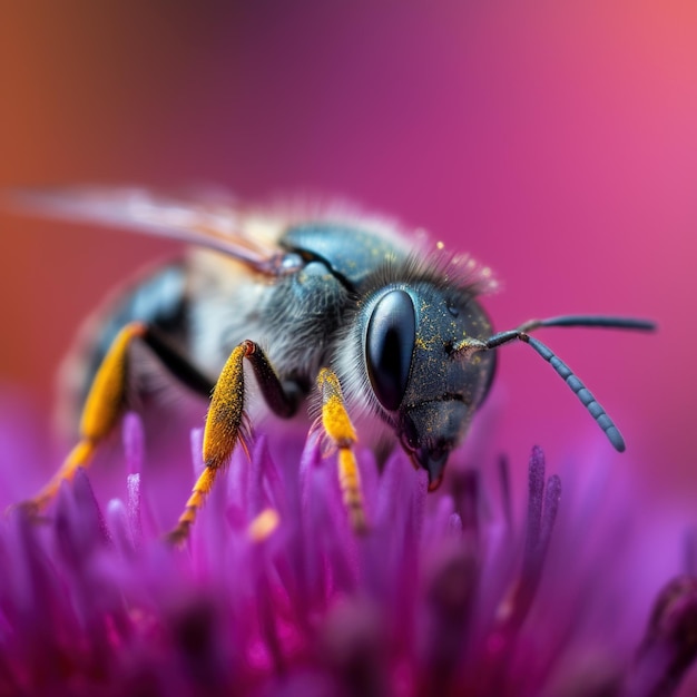 Honey bee collects pollen and nectar on flower honeybee macro view generative AI