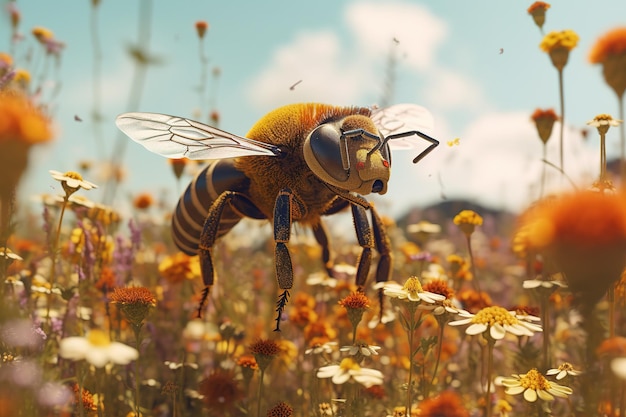 Медоносная пчела на цветочном поле, иллюстрация Генеративный Ай