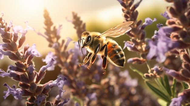 Honey bee flying and collecting nectar pollen