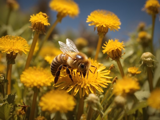 Honey Bee Gathering Pollen in a Dandelion