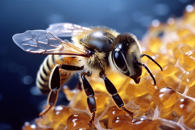 Honey bee on honeycomb Beautiful nature of insects Hyperrealistic