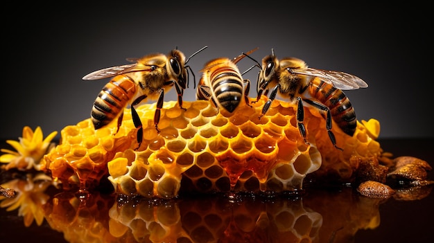 Photo honey bee on honeycomb on black background generative ai