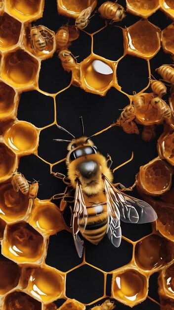 Honey bee on honeycomb on black background generative ai