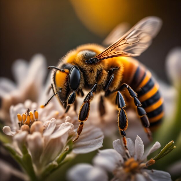 ミツバチが太陽を背にして花の上に座っています。