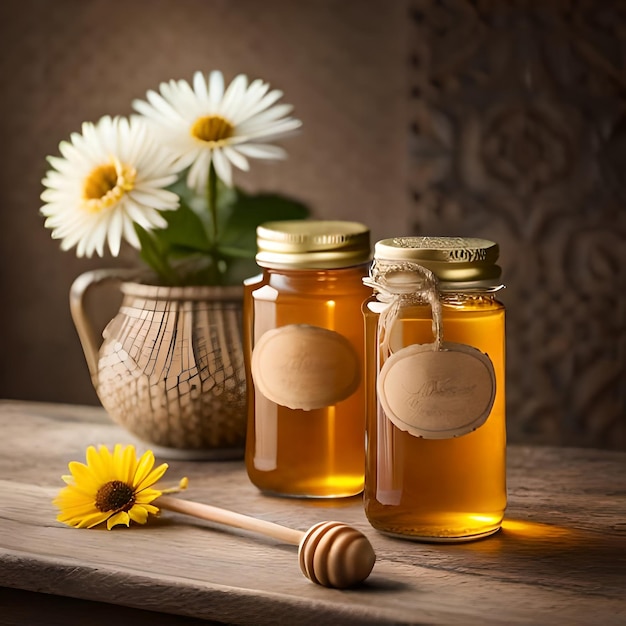 honey bee jar Beautiful jars of honey and flowers on the wooden table