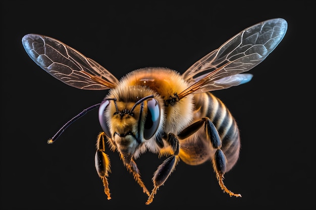 Honey bee macro on a black background Generative AI 1