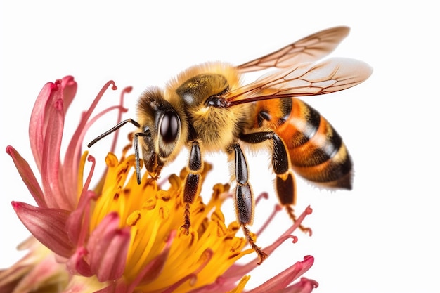 Honey bee sits on a flower and collects nectar Close up of a working insect Generative AI