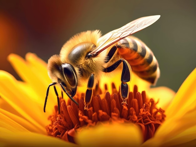 A honey bee sits on a flower and collects nectar