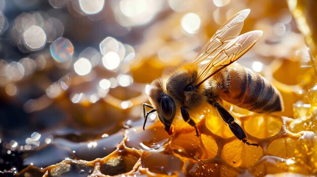 Медоносная пчела сидит на шестиугольном сотовом выборочном фокусе Генеративный ИИ