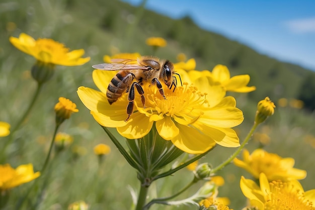 Медоносная пчела на желтом цвете собирает пыльцу