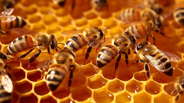 Honey bees crawling on honeycomb Generative AI