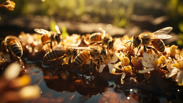 Photo honey bees gathering nectar from blooming white flowers on a honeycombgenerative ai