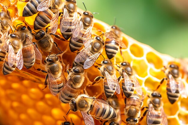 honey bees on honeycomb in apiary in summertime Honey bees communicate with each other AI Generative