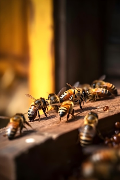 Honey bees sitting on the entrance to the hive Beekeping concept Generative AI