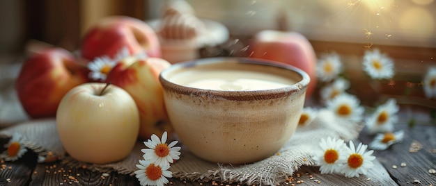 Photo honey bowl milk glass apples and daisies on sackcloth