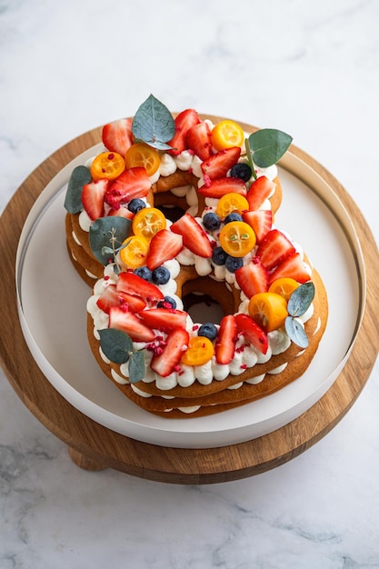 Photo honey cake decorated with fresh strawberries and herbs and cream cheese cream dessert for a loved one