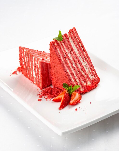 Honey cake with strawberries on a white plate