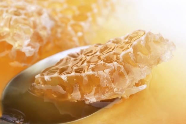 Honey comb with fresh honey on a spoon