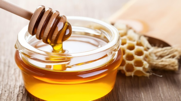 A honey dipper dripping from a jar of honey