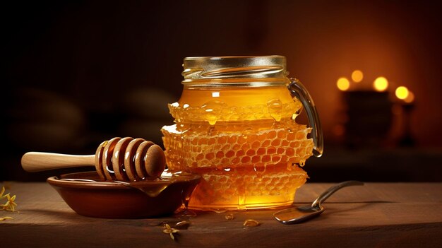 Honey dipper dripping honey into a jar with honeycomb and flowers on a dark background