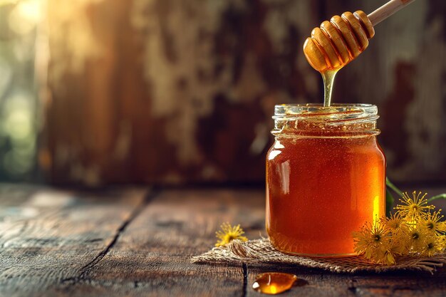 Honey dipper pouring golden linden honey into glass jar