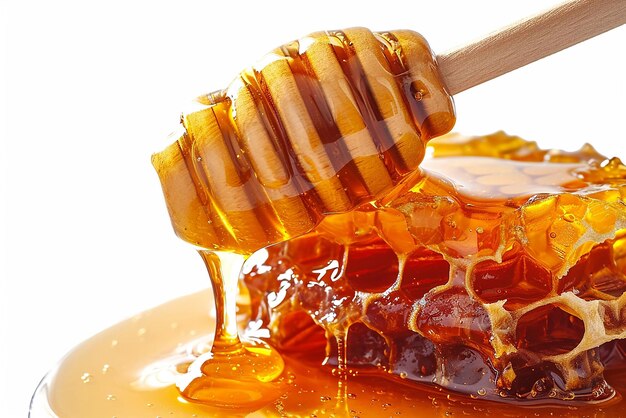 Photo honey dipper with dripping honey into pile isolated on white background generative ai tools created