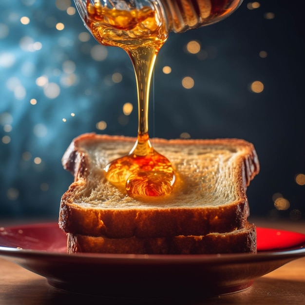 Honey dripping from a honey dipper on a stack of waffles