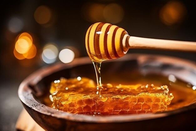 Honey Dripping from Honey Dipper in Wooden Bowl Closeup Created with Generative AI Tools