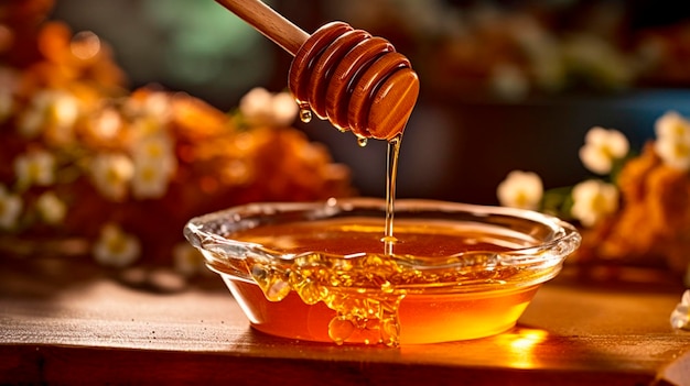 Honey dripping from honey dipper in wooden bowl Closeup Healthy organic Thick honey dipping from the wooden honey spoon closeup Generative AI