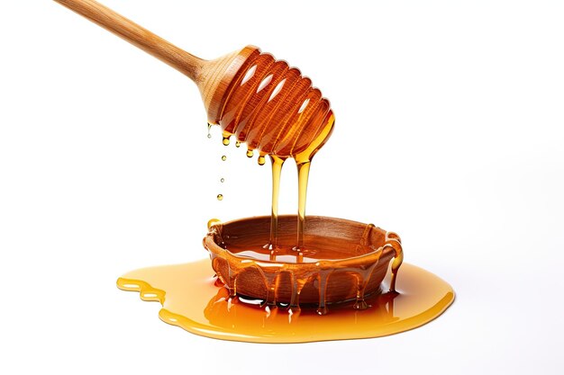 Honey dripping from wood dipper on white background Honey Generative ai