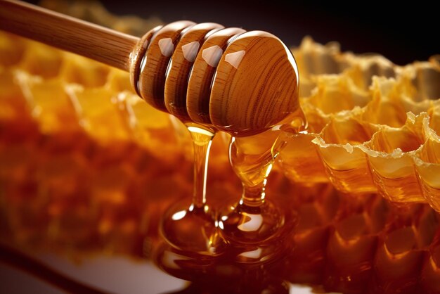 Honey dripping from a wooden honey dipper into honeycombs