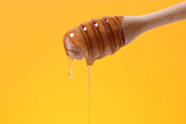 Honey dripping from a wooden spoon for honey on a colored bright background