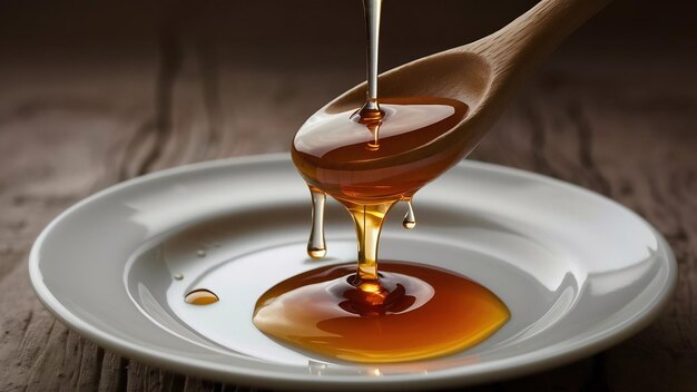 Honey dripping from a wooden spoon