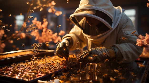 Honey farming and beekeeper. Generative Ai