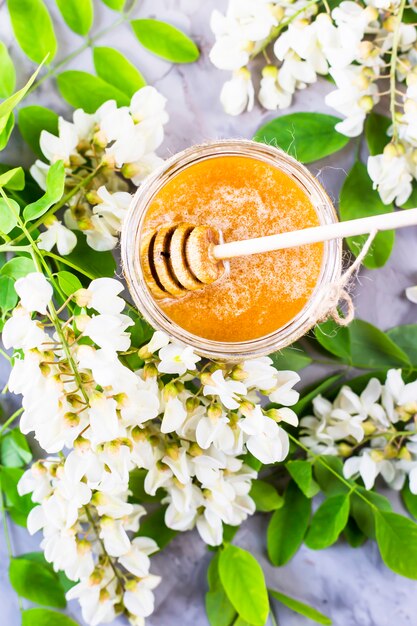 Honey from acacia and other nectar among the flowering branches of acacia