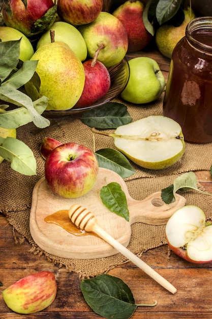 Honey and fruits. Selective focus. bio food.