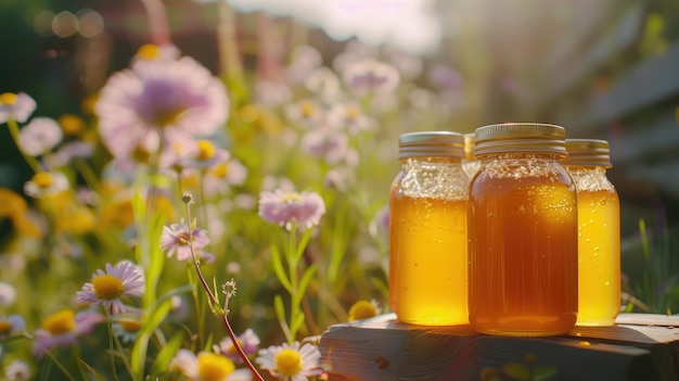 Honey in glass jars with flowers background