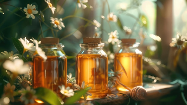 Honey in glass jars with flowers background