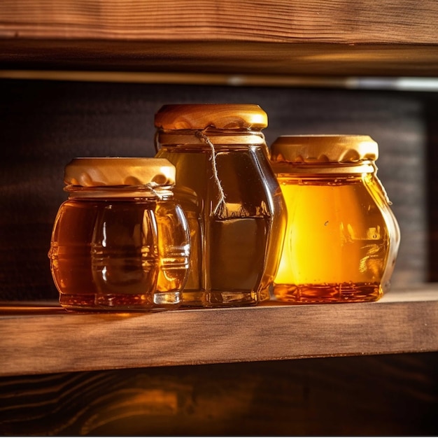 Honey in glass jars on a wooden board with flowers in the background