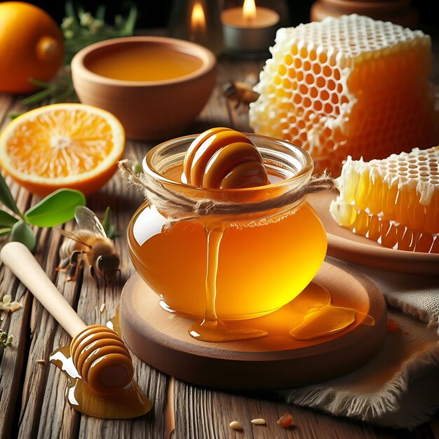Honey in honeycombs and honey dipper on wooden table