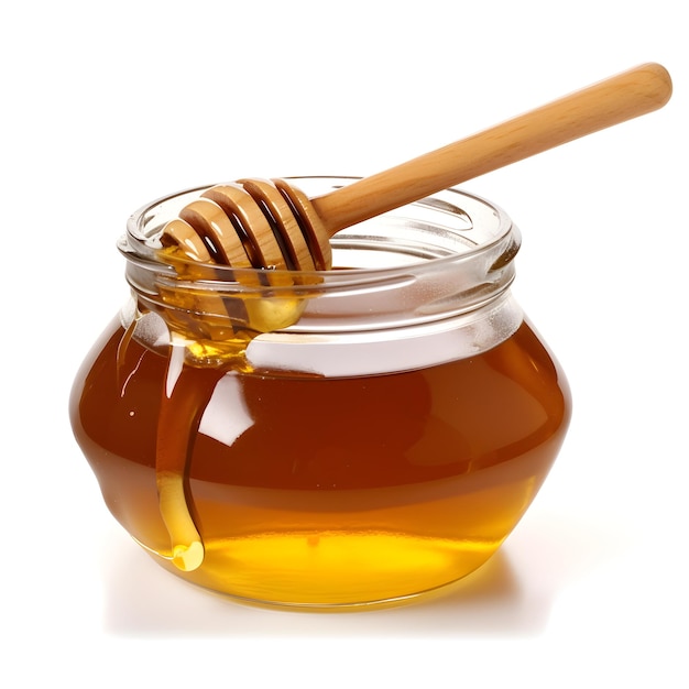 Foto il miele viene versato su un barattolo di miele.