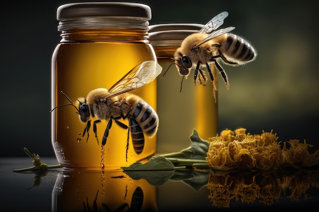 Honey jar and bees AI generated