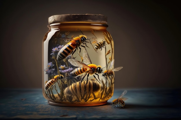 Honey jar and bees AI generated