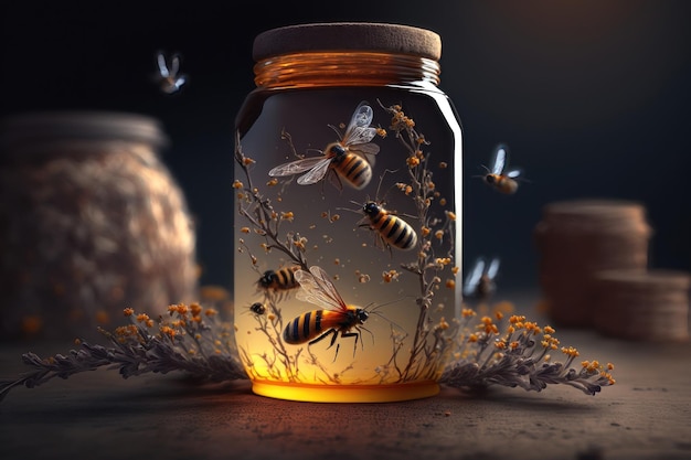 Honey jar and bees AI generated