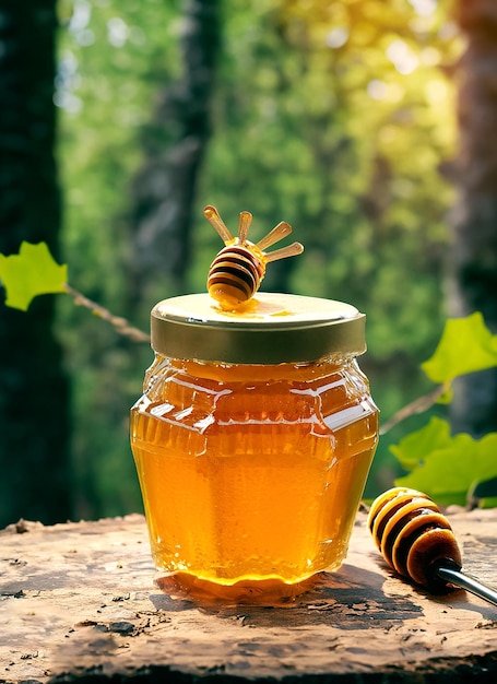 Honey Jar on the forest Background with some bee