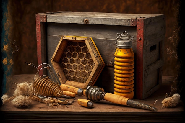 Honey in jar and frame for collecting honey on apiary