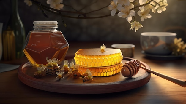 A honey jar and honey on a wooden tray