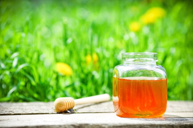 Honey jar on table against nature background