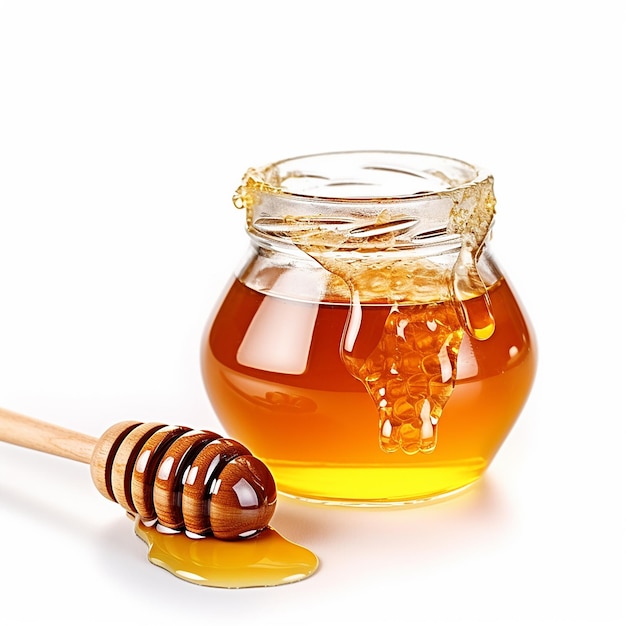 Honey in a Jar on White Background